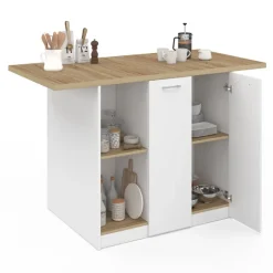 Îlot central bois blanc avec plan de travail façon hêtre 140 cm 4 personnes avec rangement