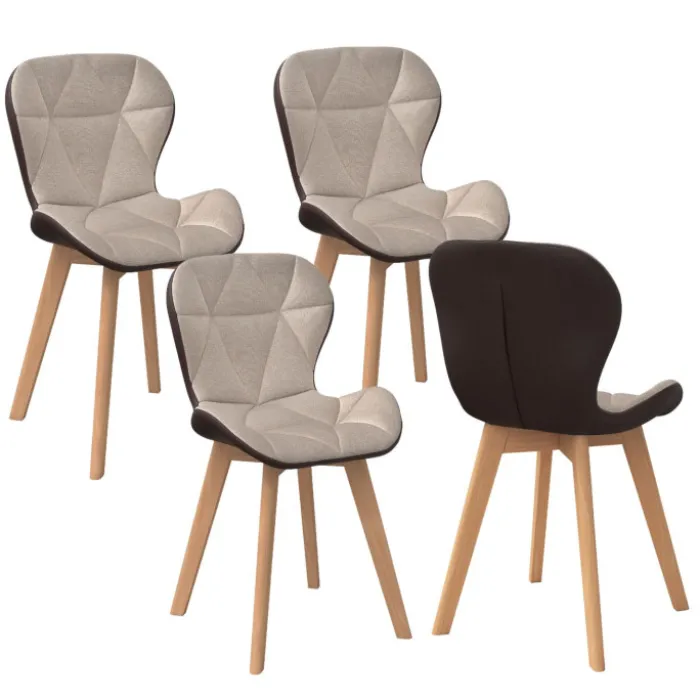 Lot de 4 chaises bi-matière en tissu et PU marron et taupe pour salle à manger