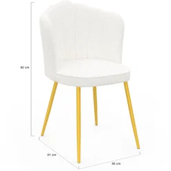 Lot de 2 chaises bouclette blanche, dossier coquillage, pieds dorés