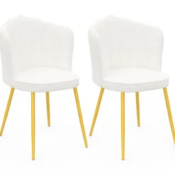 Lot de 2 chaises bouclette blanche, dossier coquillage, pieds dorés