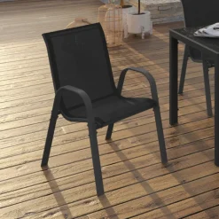 Lot de 4 chaises de jardin empilables en métal noir et textilène