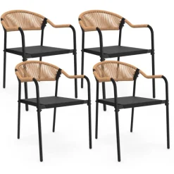 Lot de 4 chaises de jardin extérieures en métal, en cordage, en textilène et rotin clair