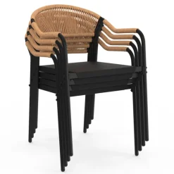 Lot de 4 chaises de jardin extérieures en métal, en cordage, en textilène et rotin clair