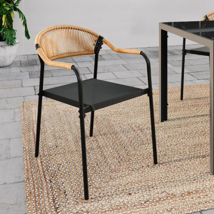 Lot de 4 chaises de jardin extérieures en métal, en cordage, en textilène et rotin clair