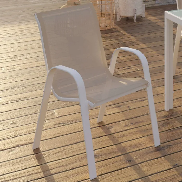 Lot de 4 chaises de jardin métal et textilène empilables blanc et beige