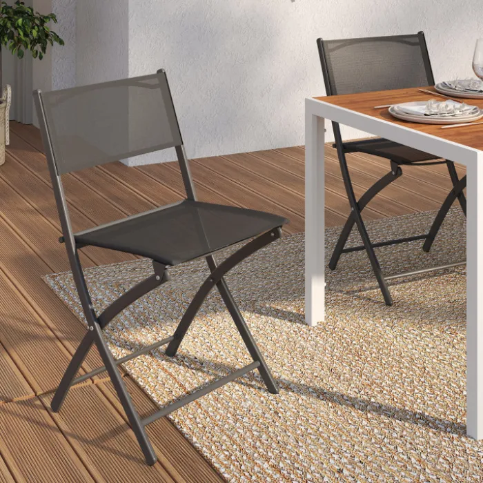 Lot de 6 chaises de jardin pliantes gris anthracite en métal et textilène