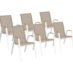 Lot de 6 chaises de jardin métal et textilène empilables blanc et bois