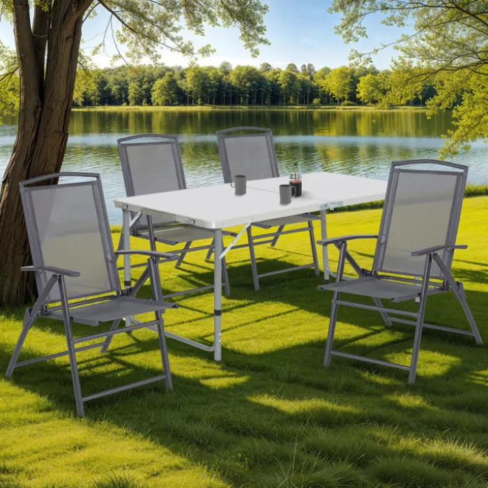 Lot de 4 chaises de jardin pliantes dossier inclinable avec accoudoirs gris anthracite