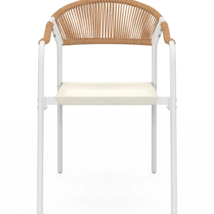 Lot de 6 chaises de jardin métal blanc cordage et textilène beige et rotin clair