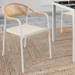 Lot de 6 chaises de jardin métal blanc cordage et textilène beige et rotin clair