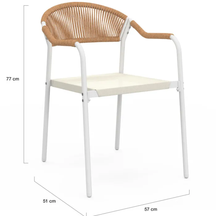 Lot de 6 chaises de jardin métal blanc cordage et textilène beige et rotin clair