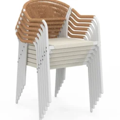 Lot de 6 chaises de jardin métal blanc cordage et textilène beige et rotin clair