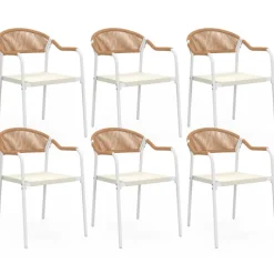 Lot de 6 chaises de jardin métal blanc cordage et textilène beige et rotin clair