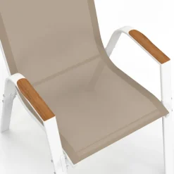 Lot de 4 chaises de jardin métal et textilène empilables blanc et bois