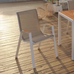 Lot de 4 chaises de jardin métal et textilène empilables blanc et bois