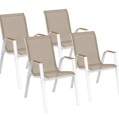 Lot de 4 chaises de jardin métal et textilène empilables blanc et bois