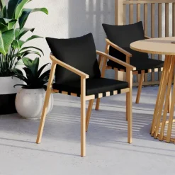 Lot de 4 chaises de jardin structure en métal effet bois, lanières et coussins noirs