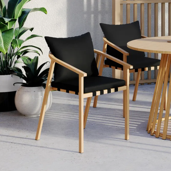 Lot de 4 chaises de jardin structure en métal effet bois, lanières et coussins noirs