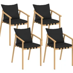 Lot de 4 chaises de jardin structure en métal effet bois, lanières et coussins noirs