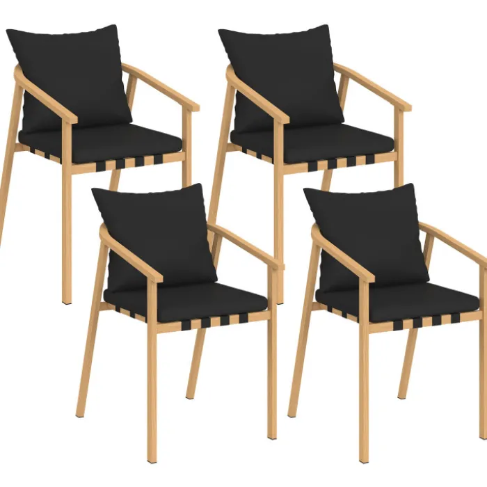 Lot de 4 chaises de jardin structure en métal effet bois, lanières et coussins noirs