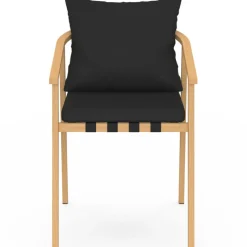 Lot de 4 chaises de jardin structure en métal effet bois, lanières et coussins noirs