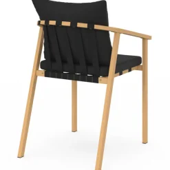 Lot de 4 chaises de jardin structure en métal effet bois, lanières et coussins noirs
