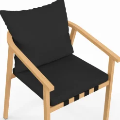 Lot de 4 chaises de jardin structure en métal effet bois, lanières et coussins noirs