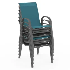 Lot de 6 chaises de jardin empilables en métal gris, noir et bleu et textilène