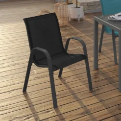Lot de 6 chaises de jardin empilables en métal gris, noir et bleu et textilène