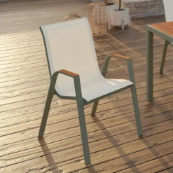 Lot de 6 chaises de jardin métal et textilène empilables vert et bois