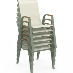 Lot de 6 chaises de jardin métal et textilène empilables vert et bois
