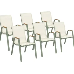 Lot de 6 chaises de jardin métal et textilène empilables vert et bois