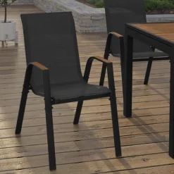 Lot de 6 chaises de jardin métal et textilène noir et bois