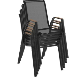 Lot de 6 chaises de jardin métal et textilène noir et bois