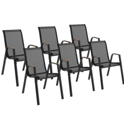 Lot de 6 chaises de jardin métal et textilène noir et bois