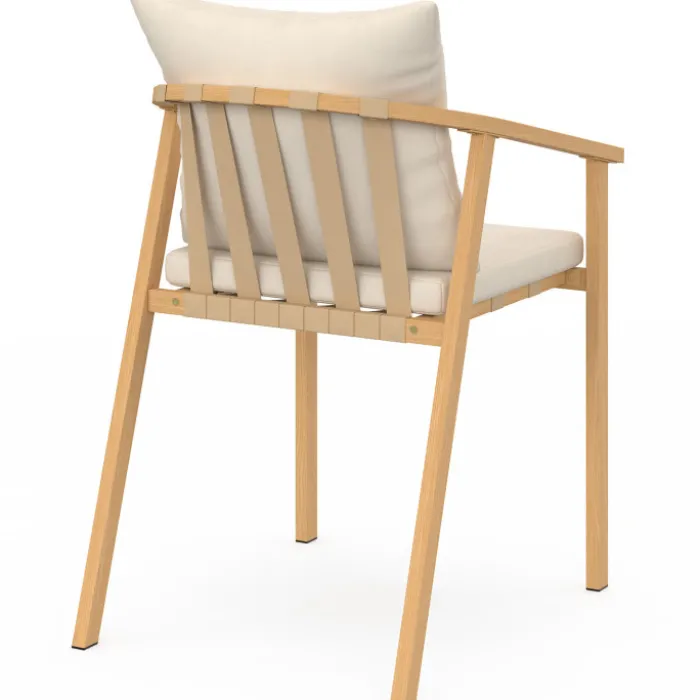 Lot de 4 chaises de jardin structure en métal effet bois, lanières et coussins beiges