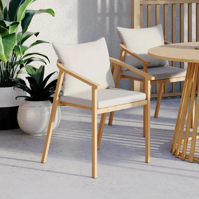 Lot de 4 chaises de jardin structure en métal effet bois, lanières et coussins beiges