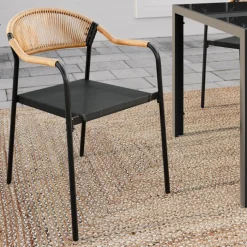 Lot de 6 chaises de jardin métal, cordage et textilène noir et rotin clair