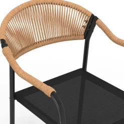 Lot de 6 chaises de jardin métal, cordage et textilène noir et rotin clair