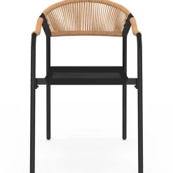 Lot de 6 chaises de jardin métal, cordage et textilène noir et rotin clair