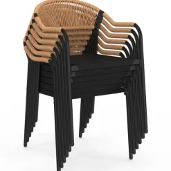Lot de 6 chaises de jardin métal, cordage et textilène noir et rotin clair