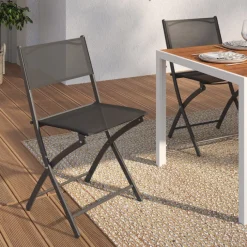 Lot de 4 chaises de jardin pliantes grises en acier et textilène
