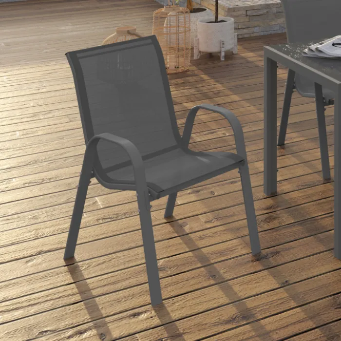 Lot de 4 chaises de jardin empilables en métal gris anthracite et textilène