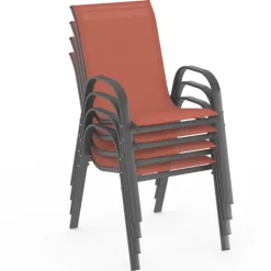Lot de 4 chaises de jardin métal et textilène empilables terracotta