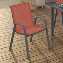 Lot de 4 chaises de jardin métal et textilène empilables terracotta
