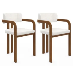 Lot de 2 chaises de salle à manger, fauteuils de table en métal effet noyer et tissu bouclette avec accoudoirs