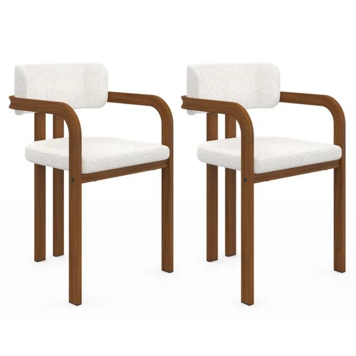 Lot de 2 chaises de salle à manger, fauteuils de table en métal effet noyer et tissu bouclette avec accoudoirs