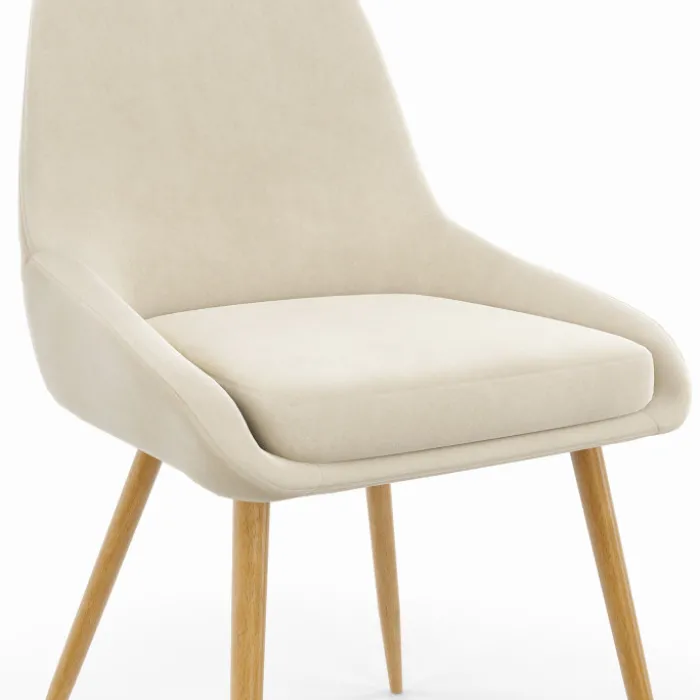 Lot de 6 chaises de salle à manger en velours beige et pieds effet bois avec accoudoirs