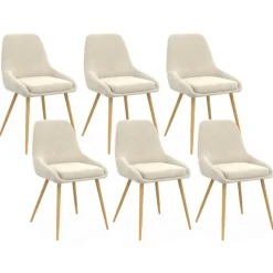 Lot de 6 chaises de salle à manger en velours beige et pieds effet bois avec accoudoirs