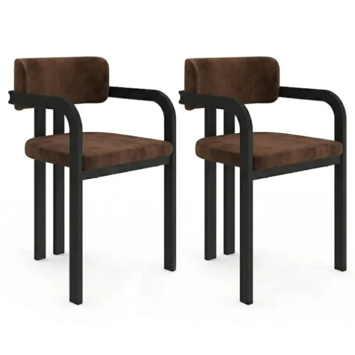 Lot de 2 chaises de salle à manger, fauteuils de table en métal noir et velours marron avec accoudoirs